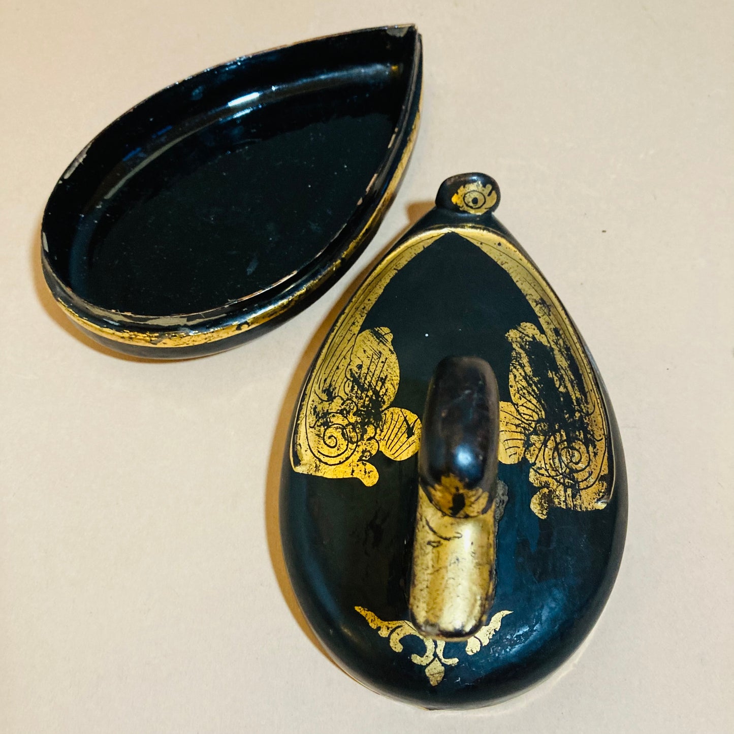 Burmese Vintage Paper Mache Black Lacquer Duck Boxes