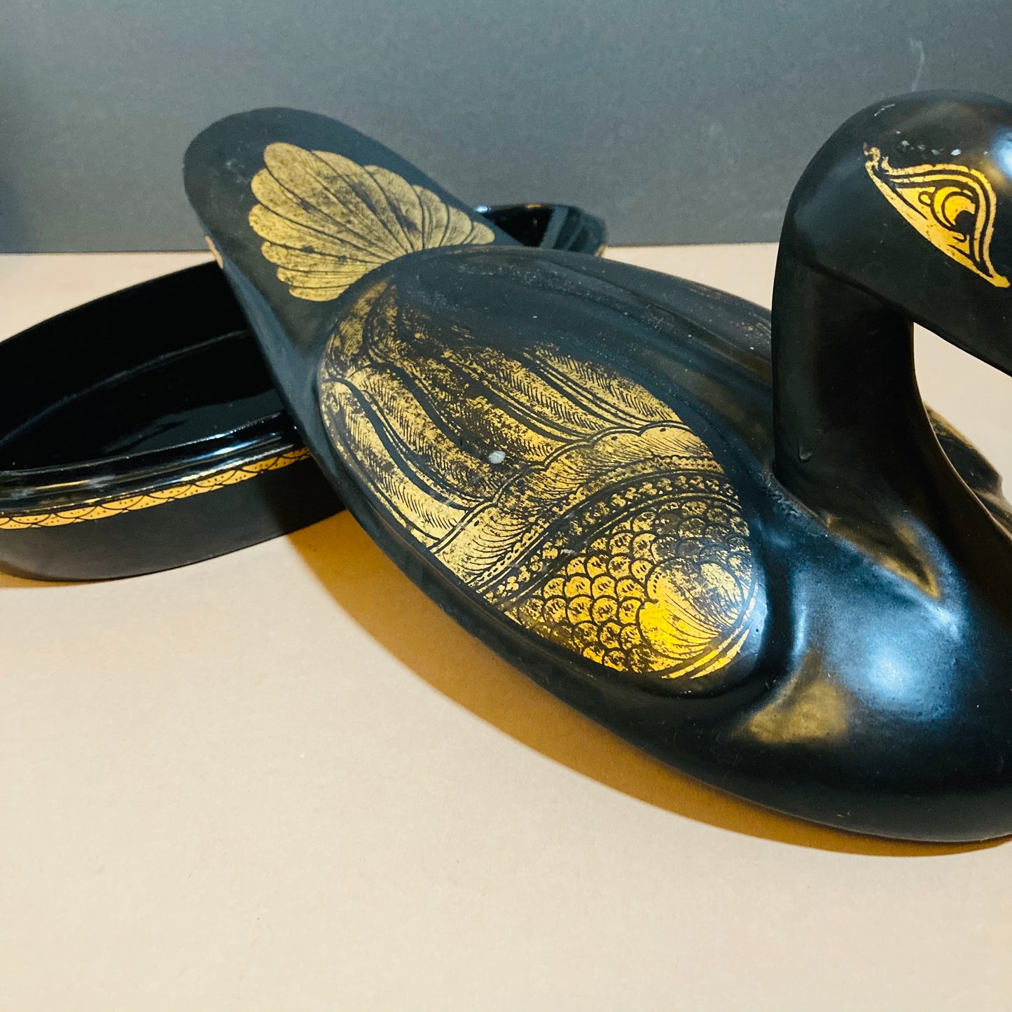 Burmese Vintage Paper Mache Black Lacquer Duck Boxes