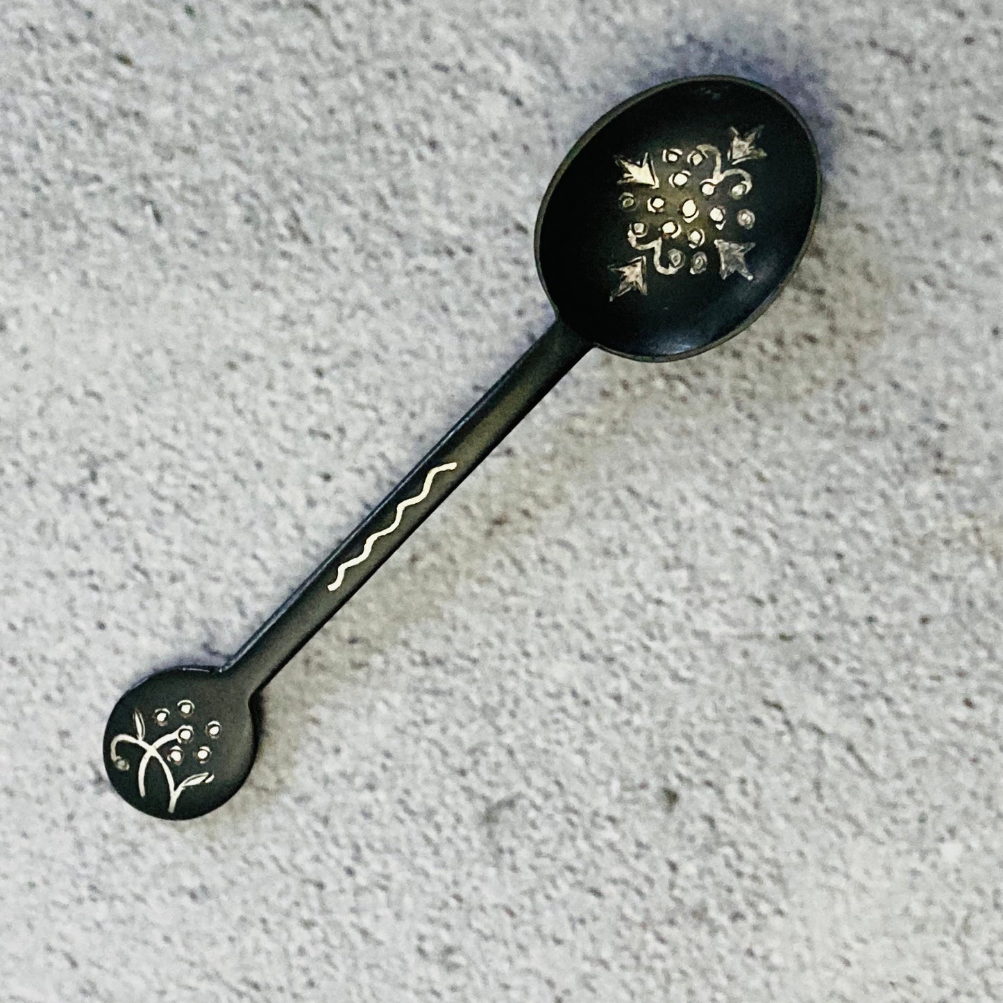 Antique Bonze Coffee Spoon With Silver Inlay