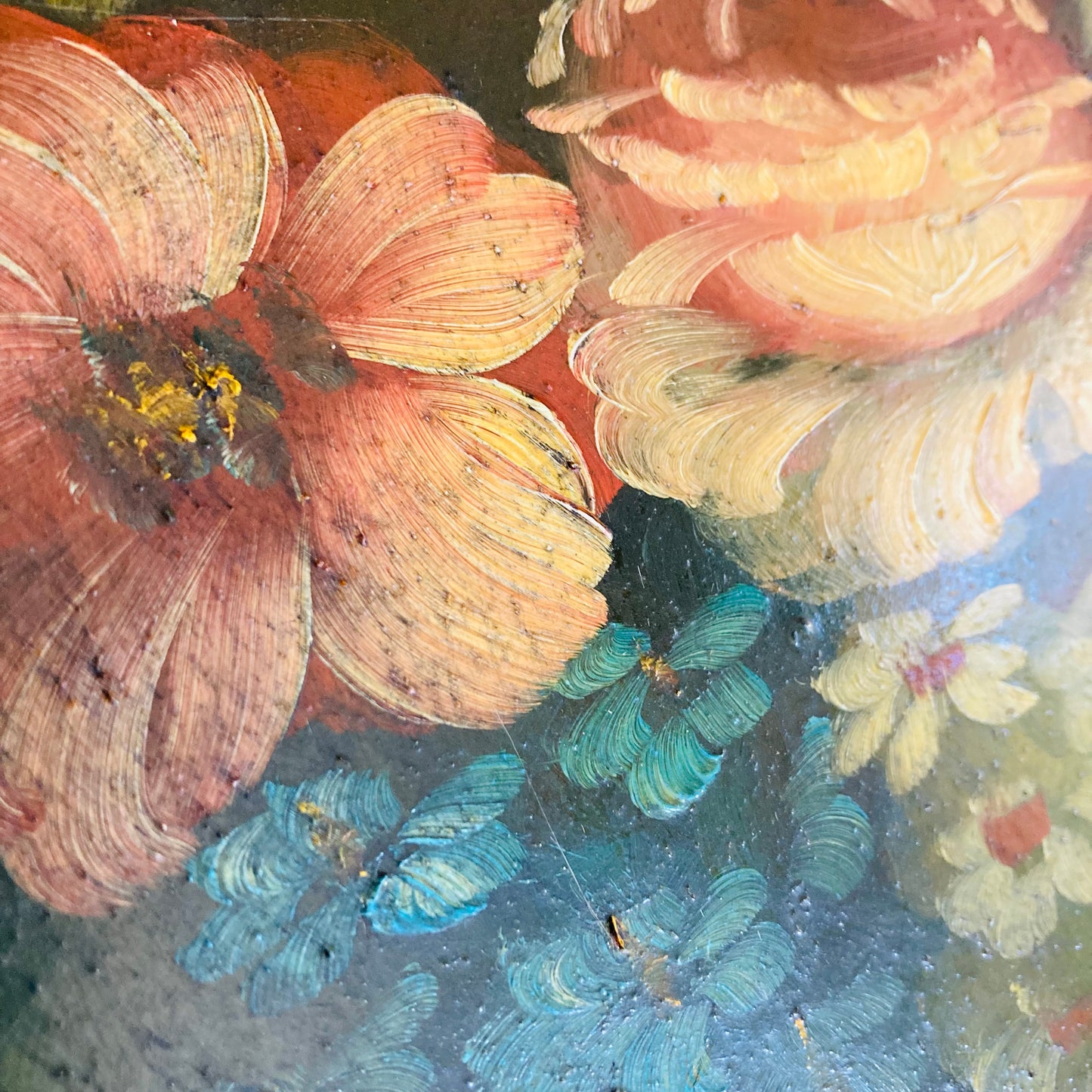 Vintage Hand Painted Green Tray With Pink Flowers
