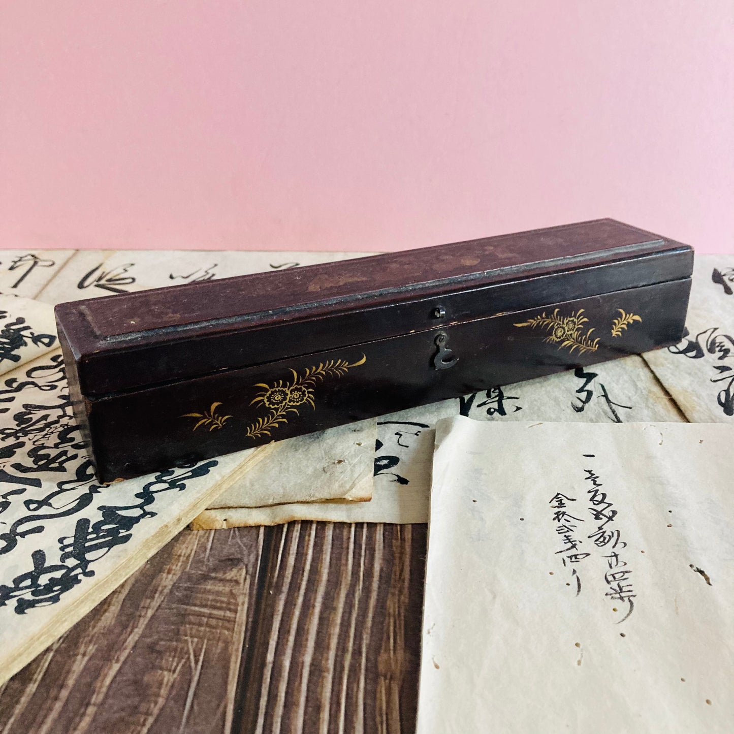 Antique Lacquered Hand Painted Oriental Chinese Fan Box Qing Dynasty