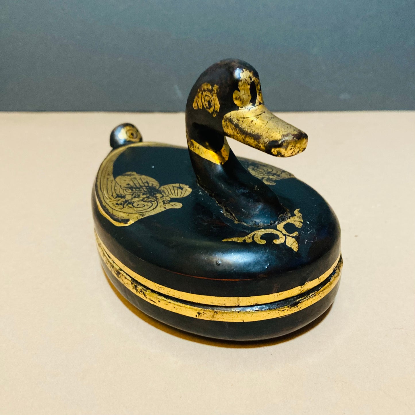 Burmese Vintage Paper Mache Black Lacquer Duck Boxes