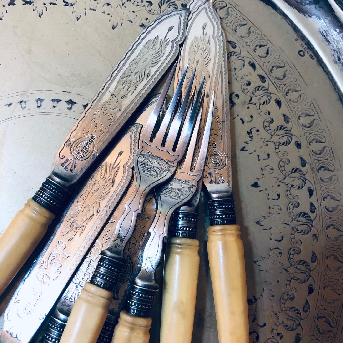 Fish Knives With Engraved Blades Richard Morton Sheffield 1885
