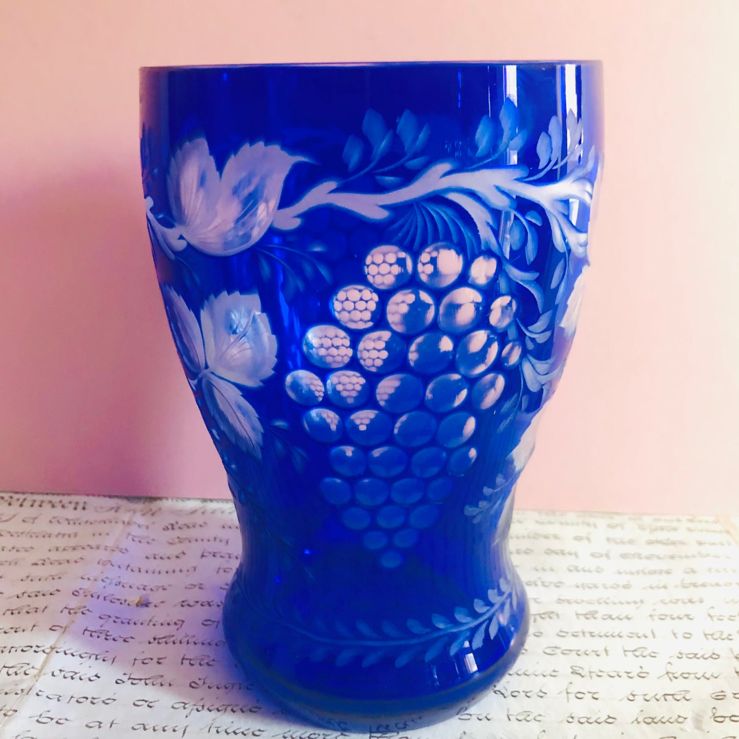 Vintage Bohemian Blue Cut Glass Vase