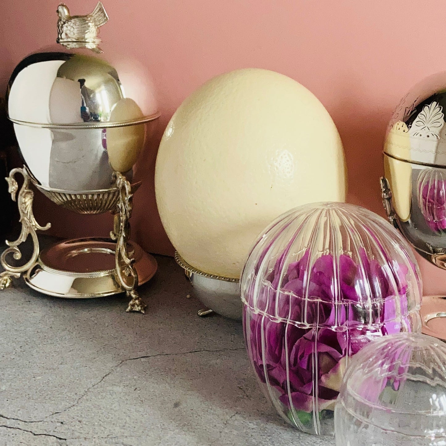 Antique Ostrich Egg and Silver Plate Ostrich Cup