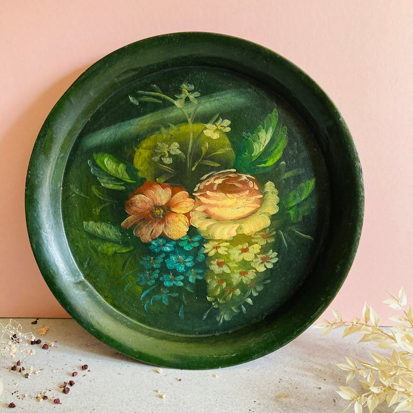 Vintage Hand Painted Green Tray With Pink Flowers