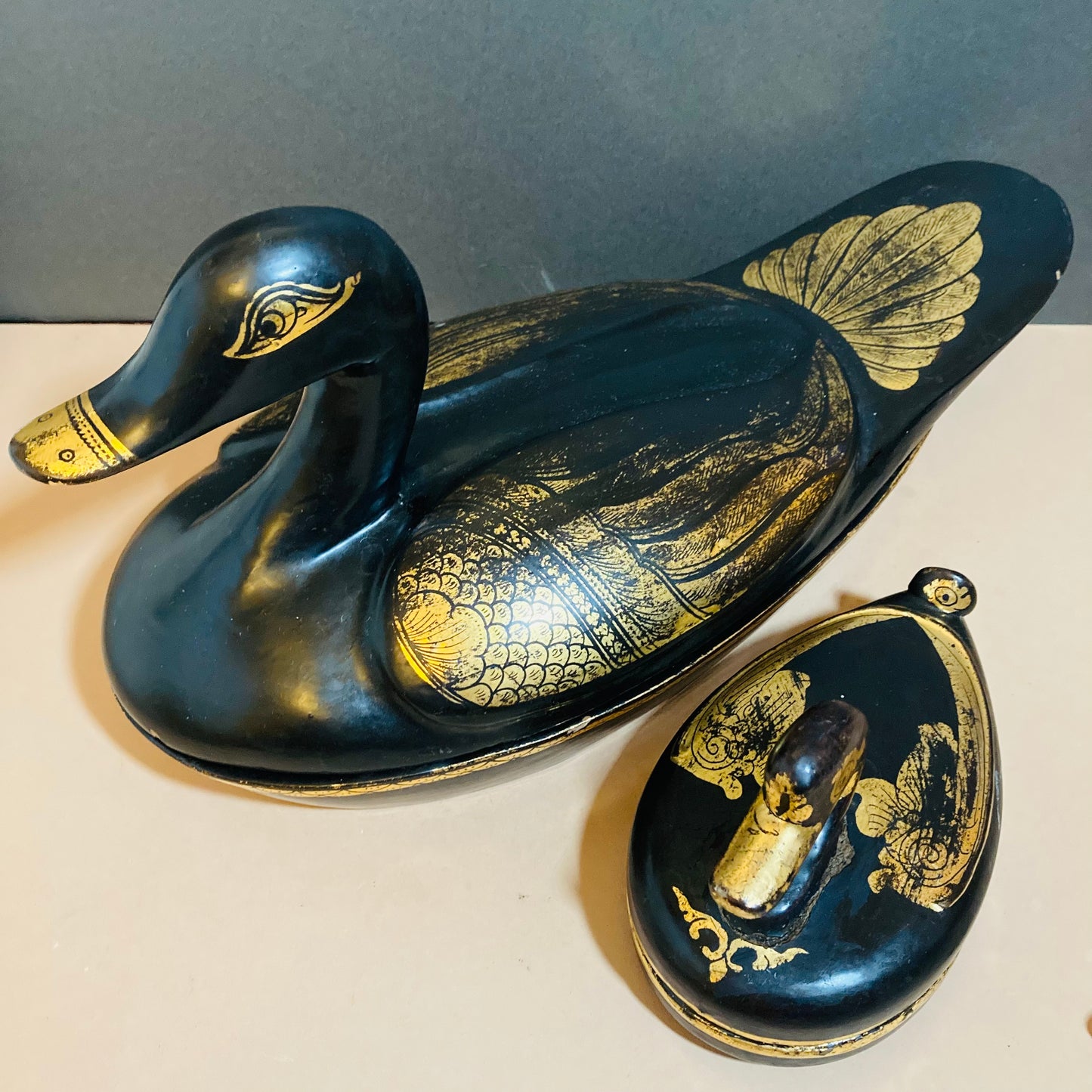 Burmese Vintage Paper Mache Black Lacquer Duck Boxes