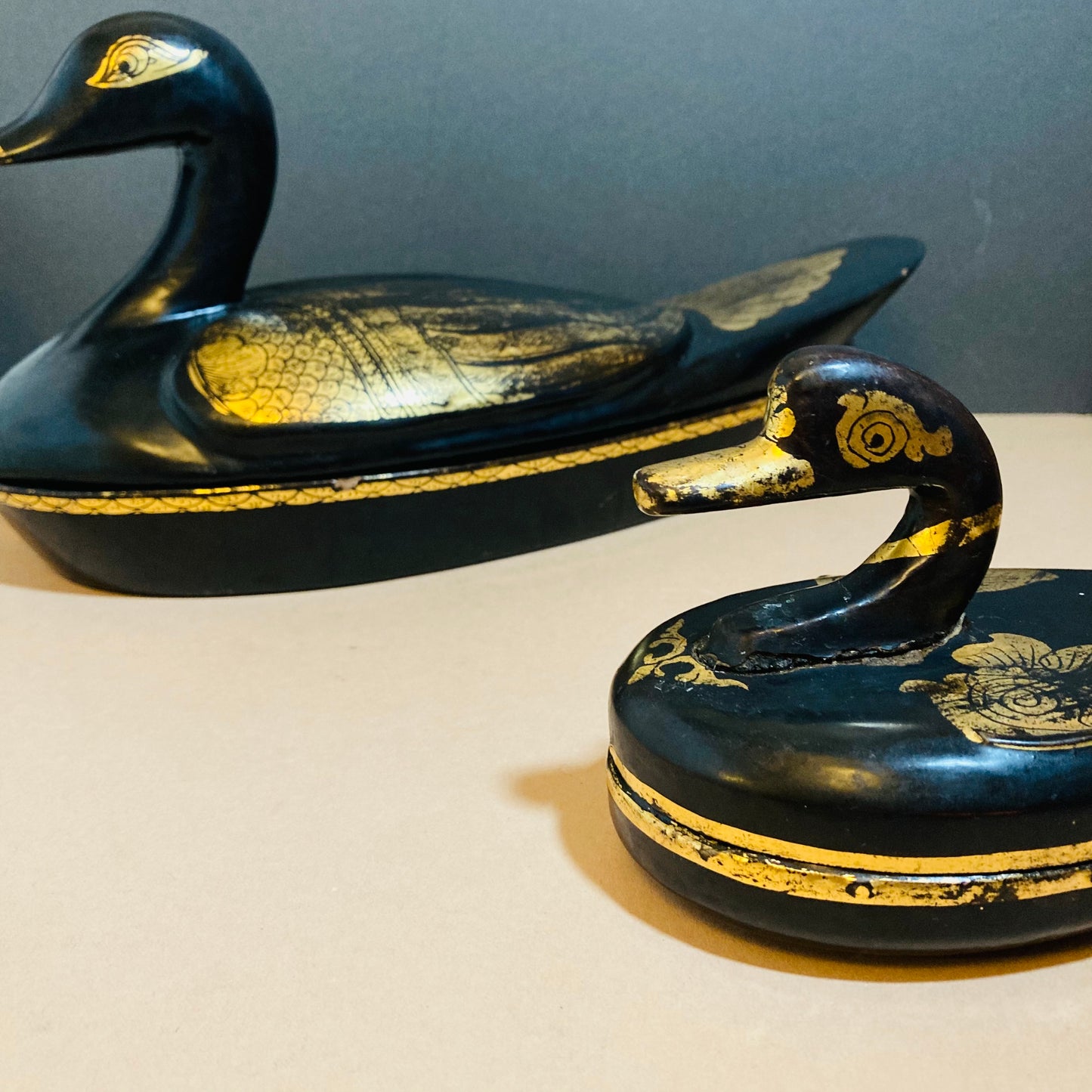 Burmese Vintage Paper Mache Black Lacquer Duck Boxes