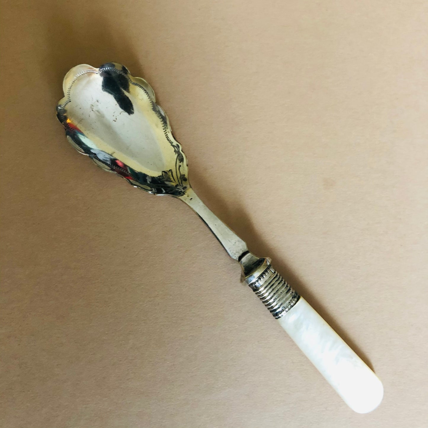 Antique Silver Spoon with Mother Of Pearl Handle