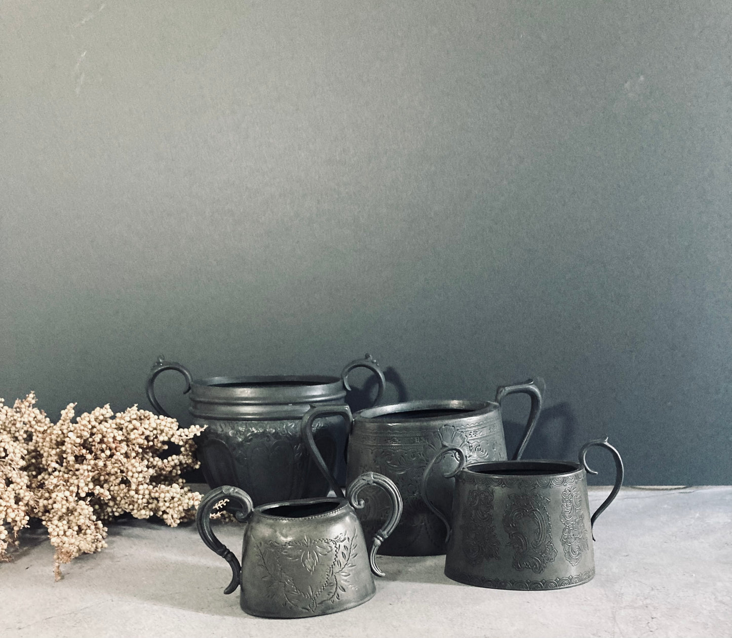 Antique English Pewter Engraved Sugar Bowls