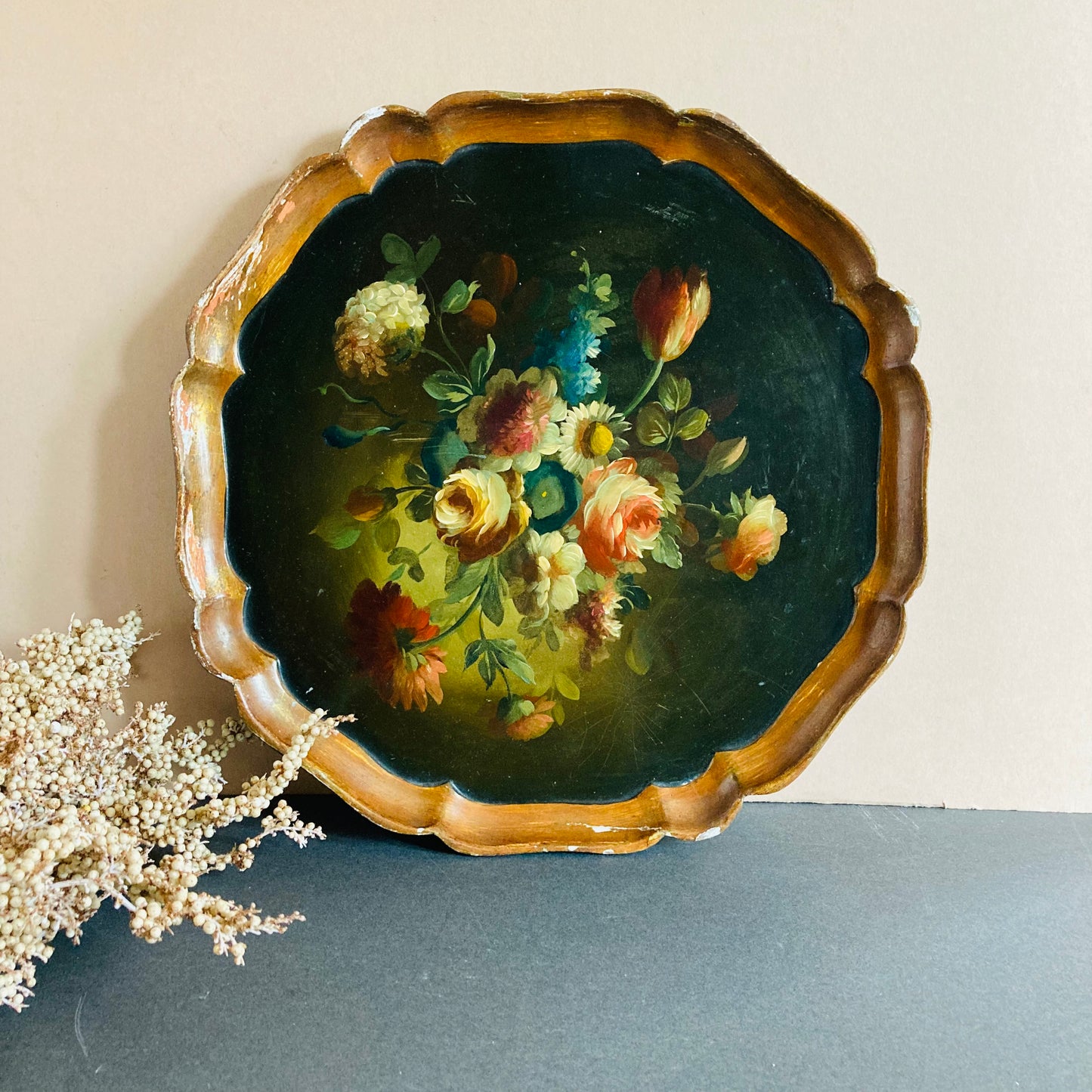 Antique Scalloped Paper Mache Floral Tray