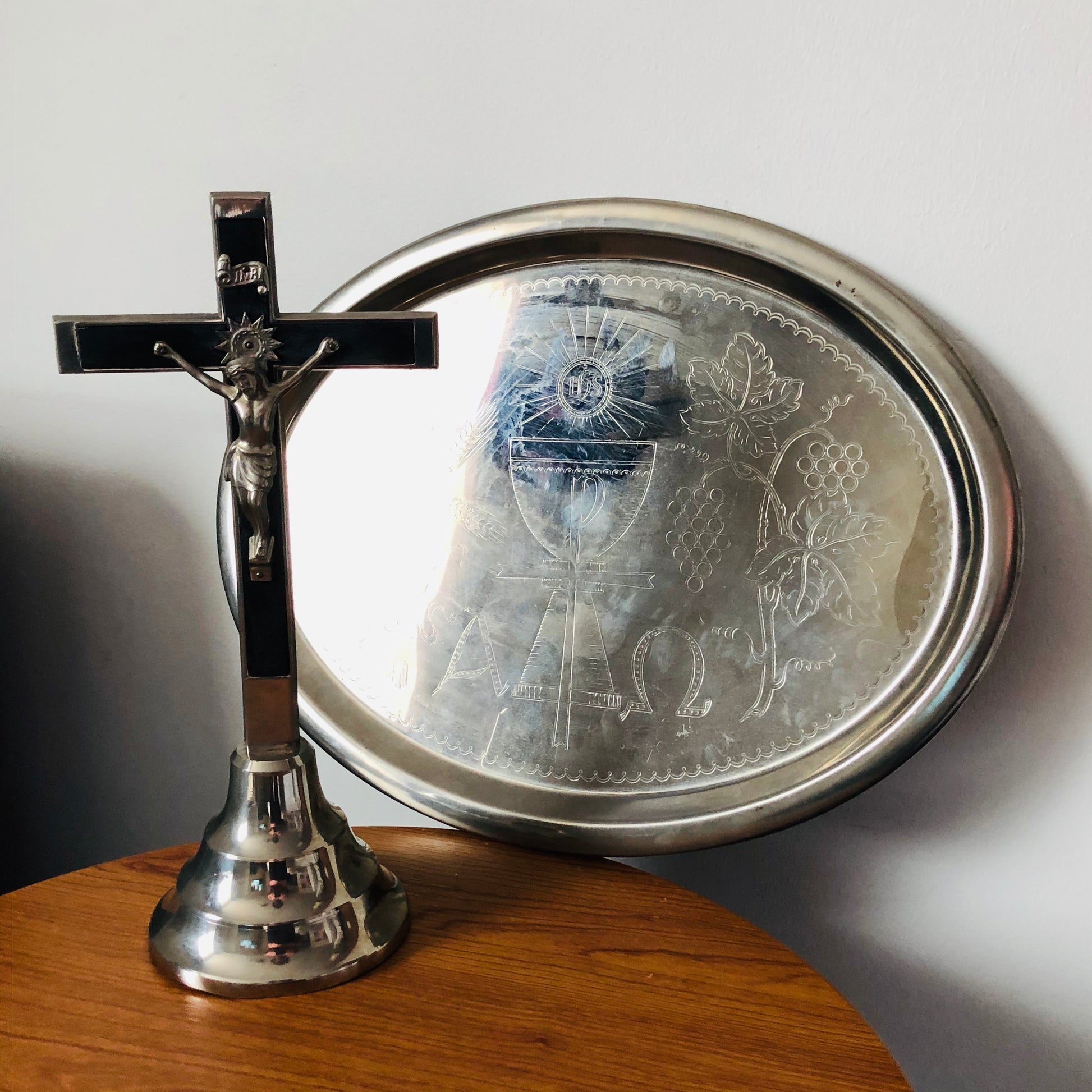 Antique Silver Last Rites Engraved Oval Tray