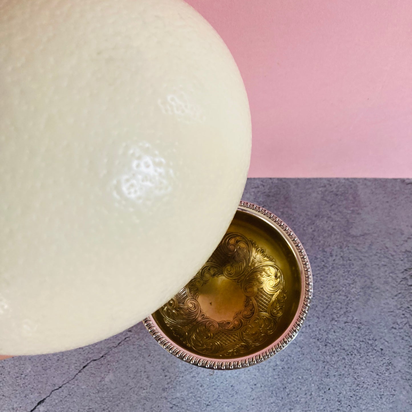 Antique Ostrich Egg and Silver Plate Ostrich Cup