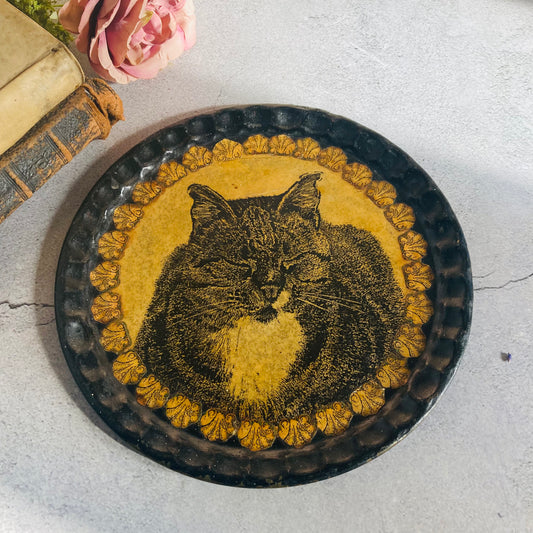 Antique Toleware Decoupage Tray Of A Cat