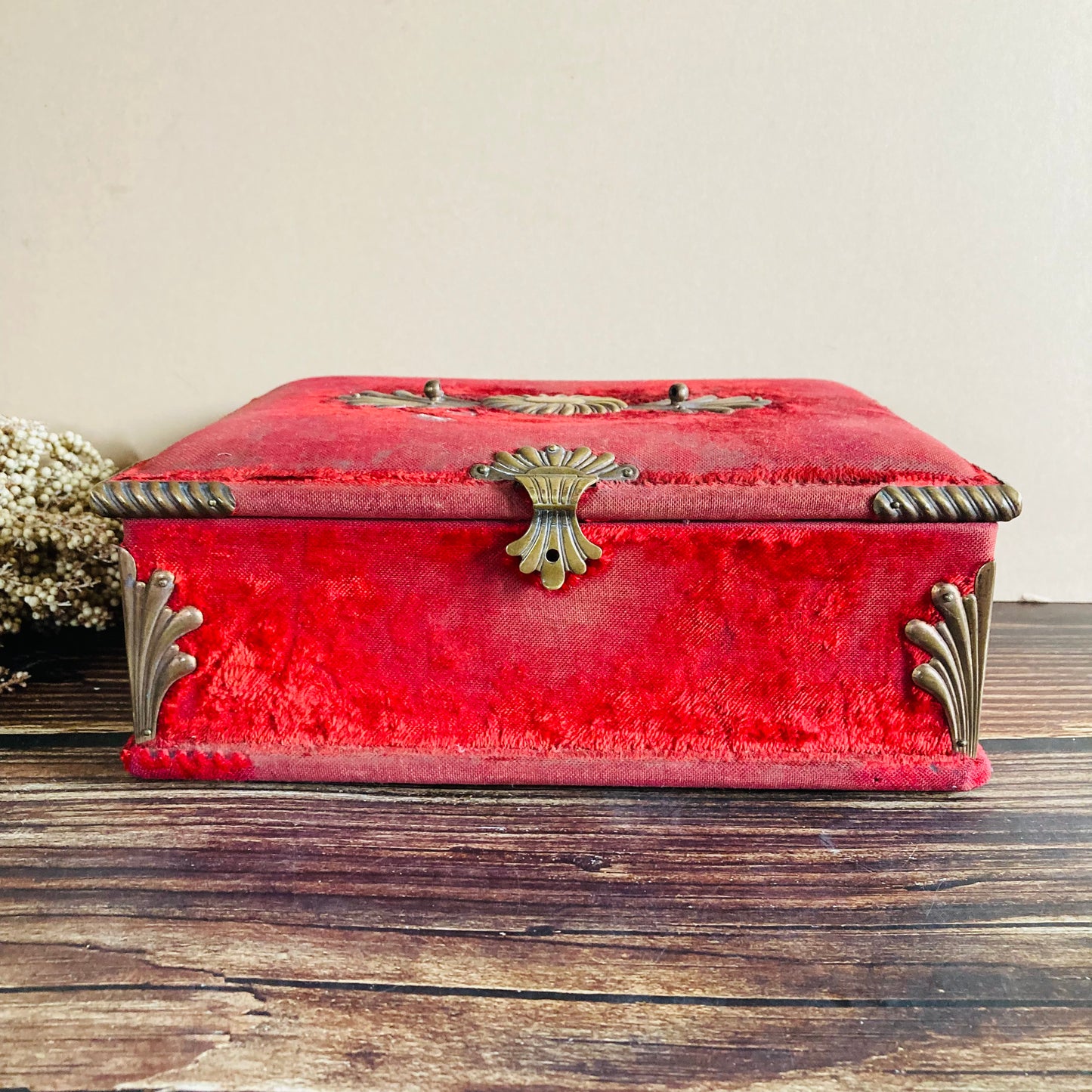Antique French Red Velvet Jewellery Casket Box | Worn Antique Condition