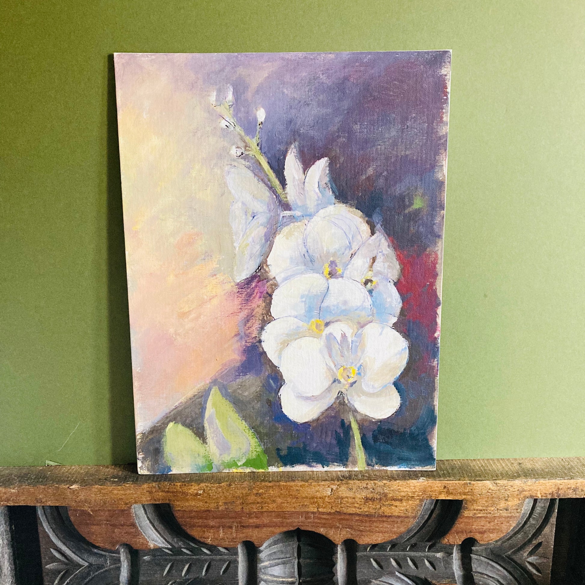 Vintage White Orchid Flower Oil Painting on Board