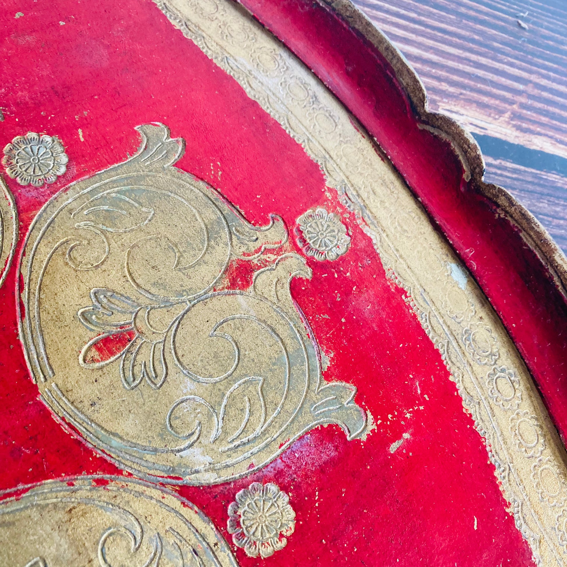 Vintage Florentine Paper Mache Tray | Red & Gold Decorative Italian Tray