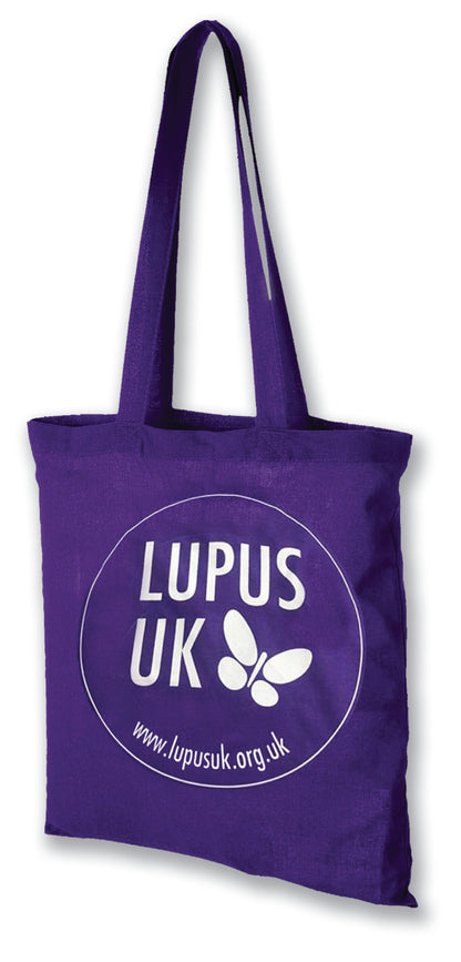 Purple tote bag with Lupus UK logo and website on a white background