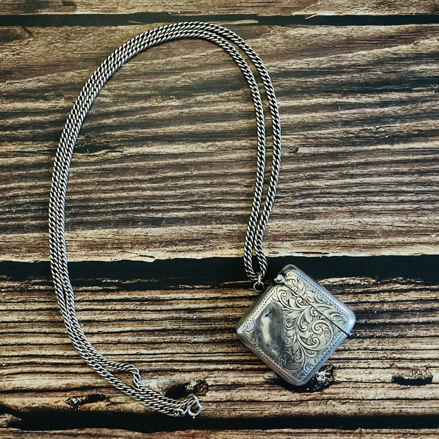 The Mixologist Ash - Antique Silver Vesta Case 1908 / Necklace