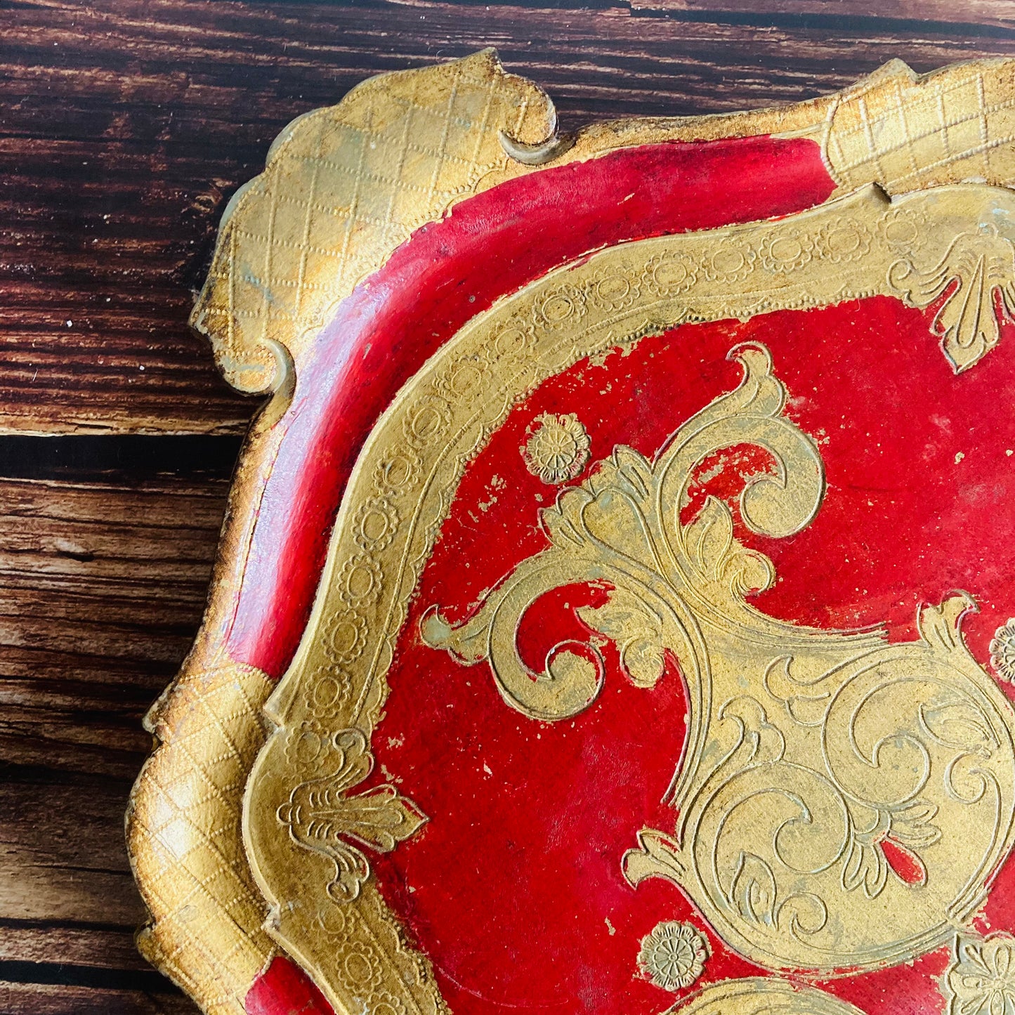 Vintage Florentine Paper Mache Tray | Red & Gold Decorative Italian Tray