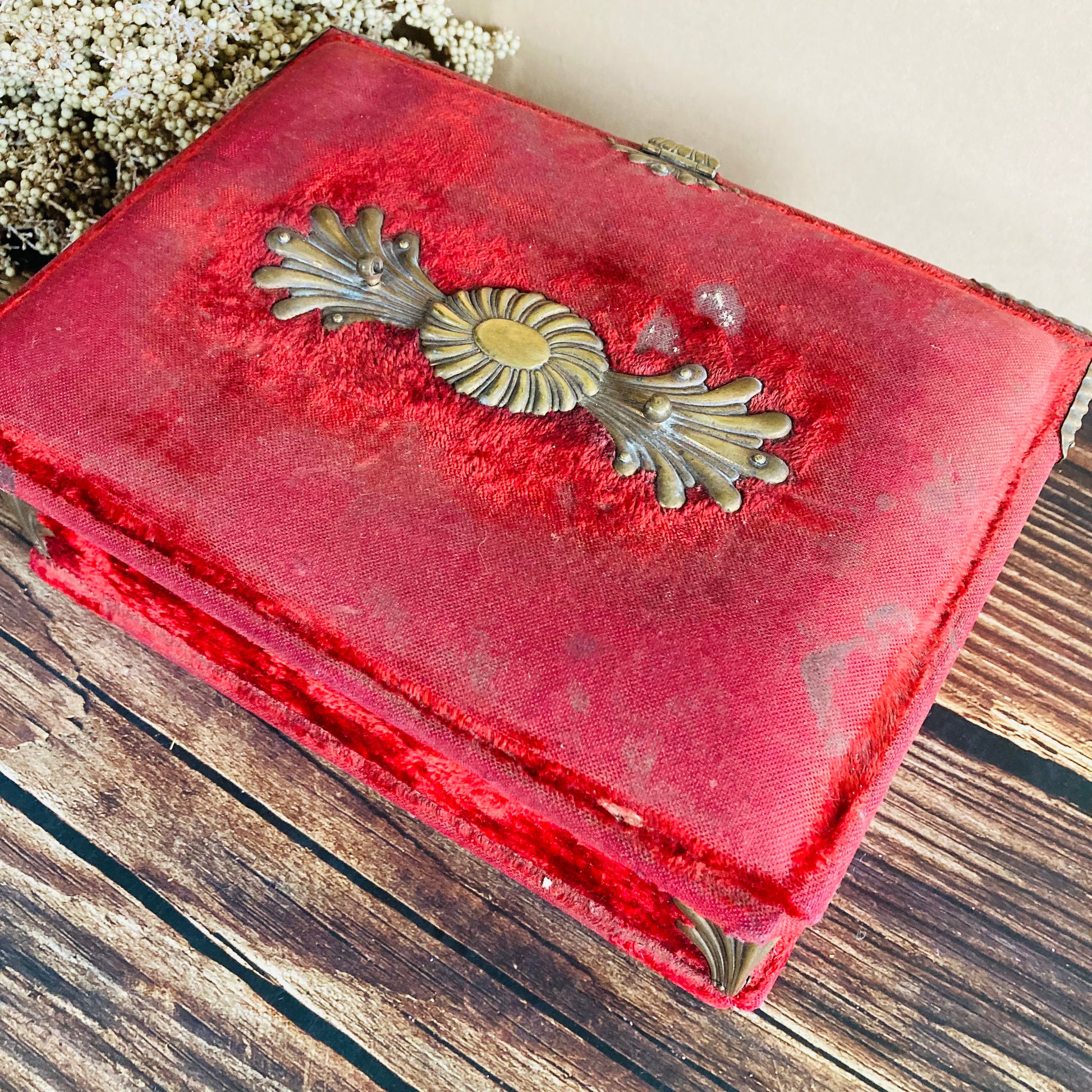 Antique French Red Velvet Jewellery Casket Box | Worn Antique Condition