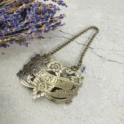 Antique Silver Decanter Brandy Bottle Label