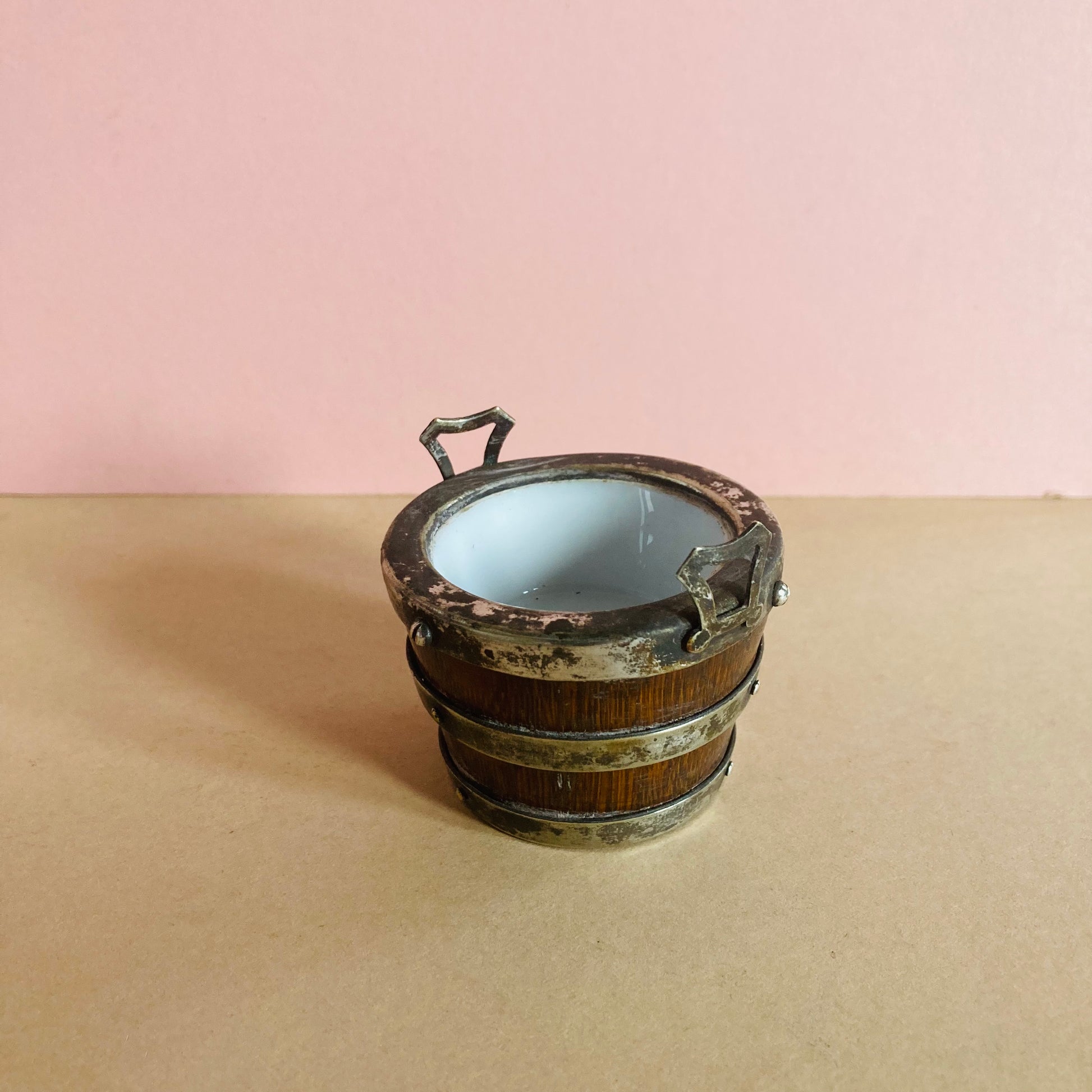 Antique Miniature Oak and Silver Bucket Salt Cellar