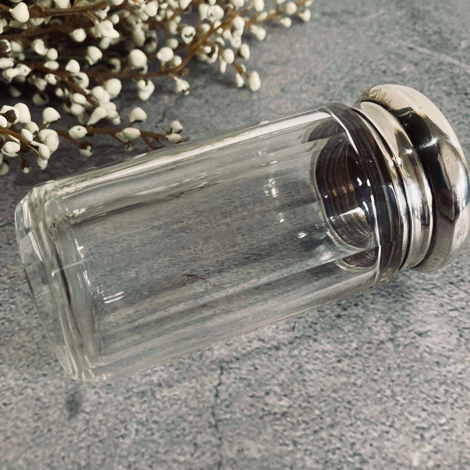 Antique Glass Vanity Jar Container With Silver Lid