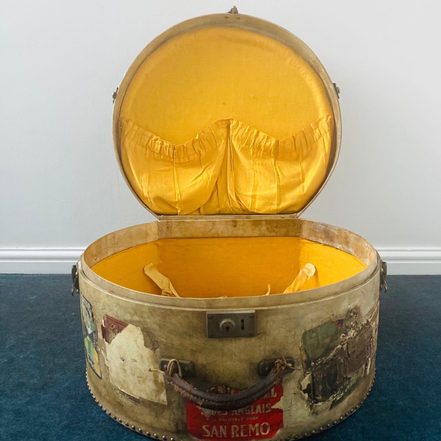 Antique Vellum Suitcase Hat Case for Vintage Sustainable Wedding