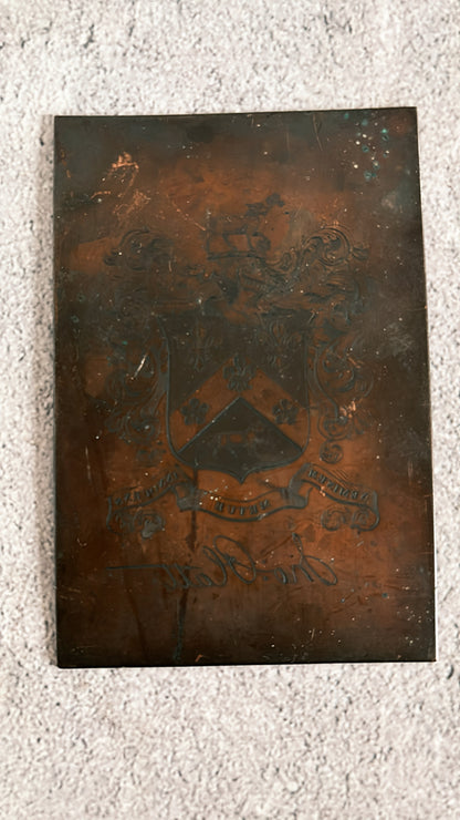 Antique Etched Copper Printing Plate Of Coat of arms for the Platt family