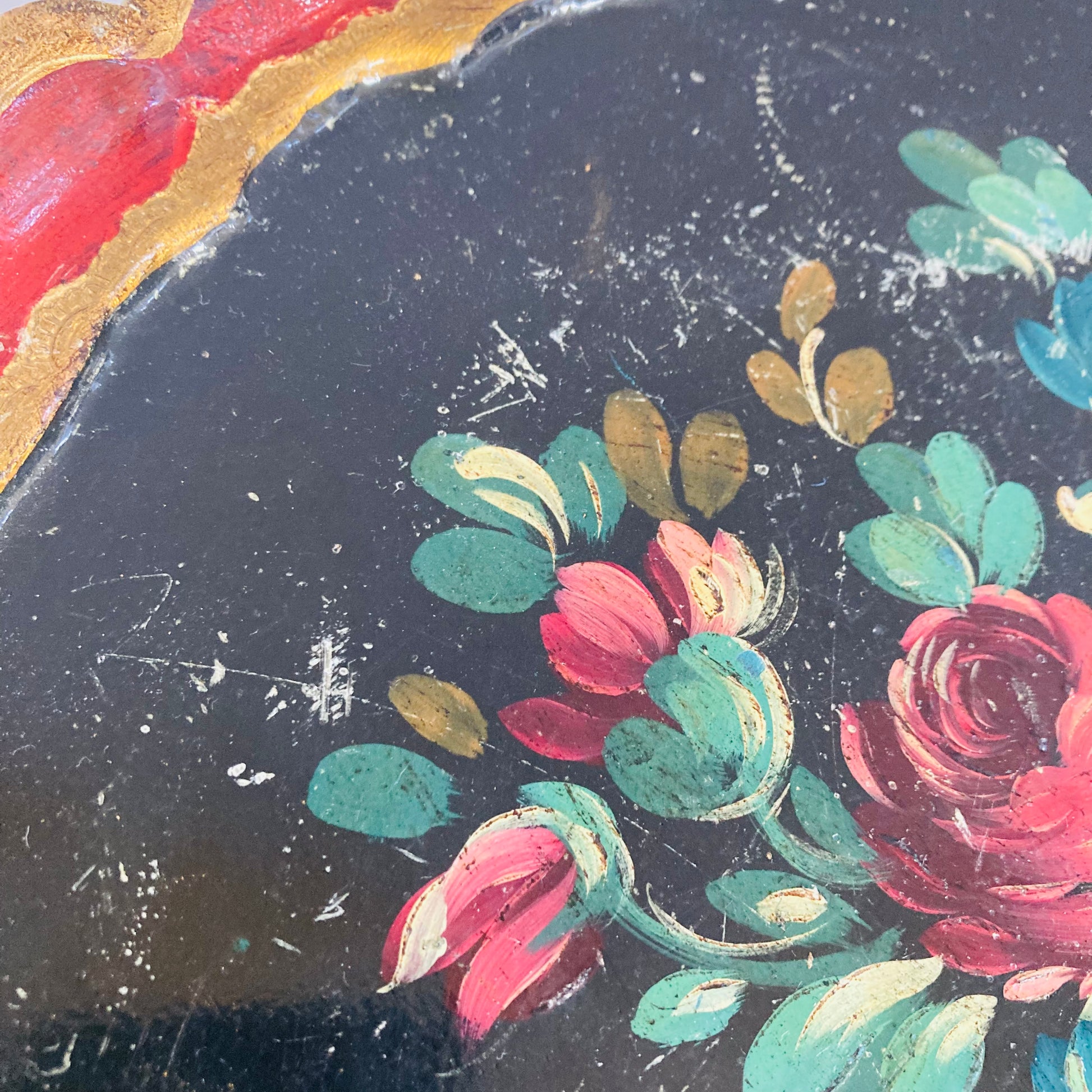 Vintage Florentine Paper Mache Tray | Black Floral Decorative Italian Tray