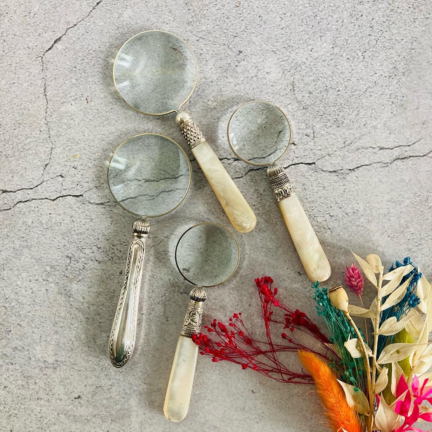 Magnifying Glass with Antique Cutlery Handles | Mother of Pearl & Silver