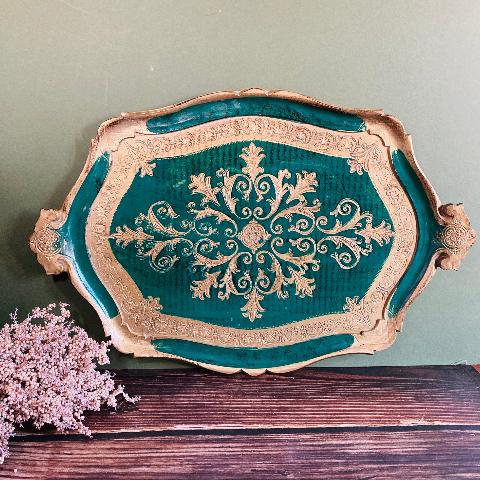 Vintage Florentine Paper Mache Tray | Green & Gold Decorative Italian Tray