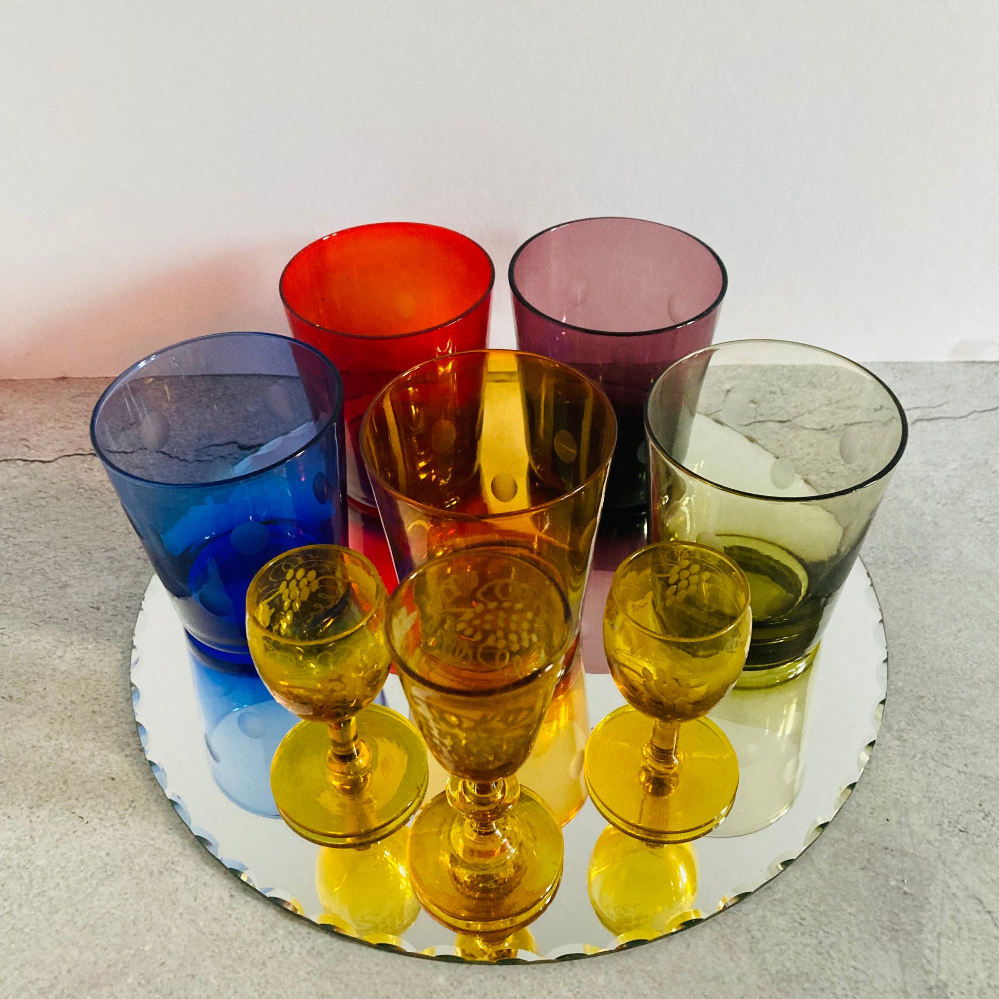  Mid Century Colourful Etched Spot  Drinking Tumblers | Water Glasses 