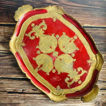 Vintage Florentine Paper Mache Tray | Red & Gold Decorative Italian Tray
