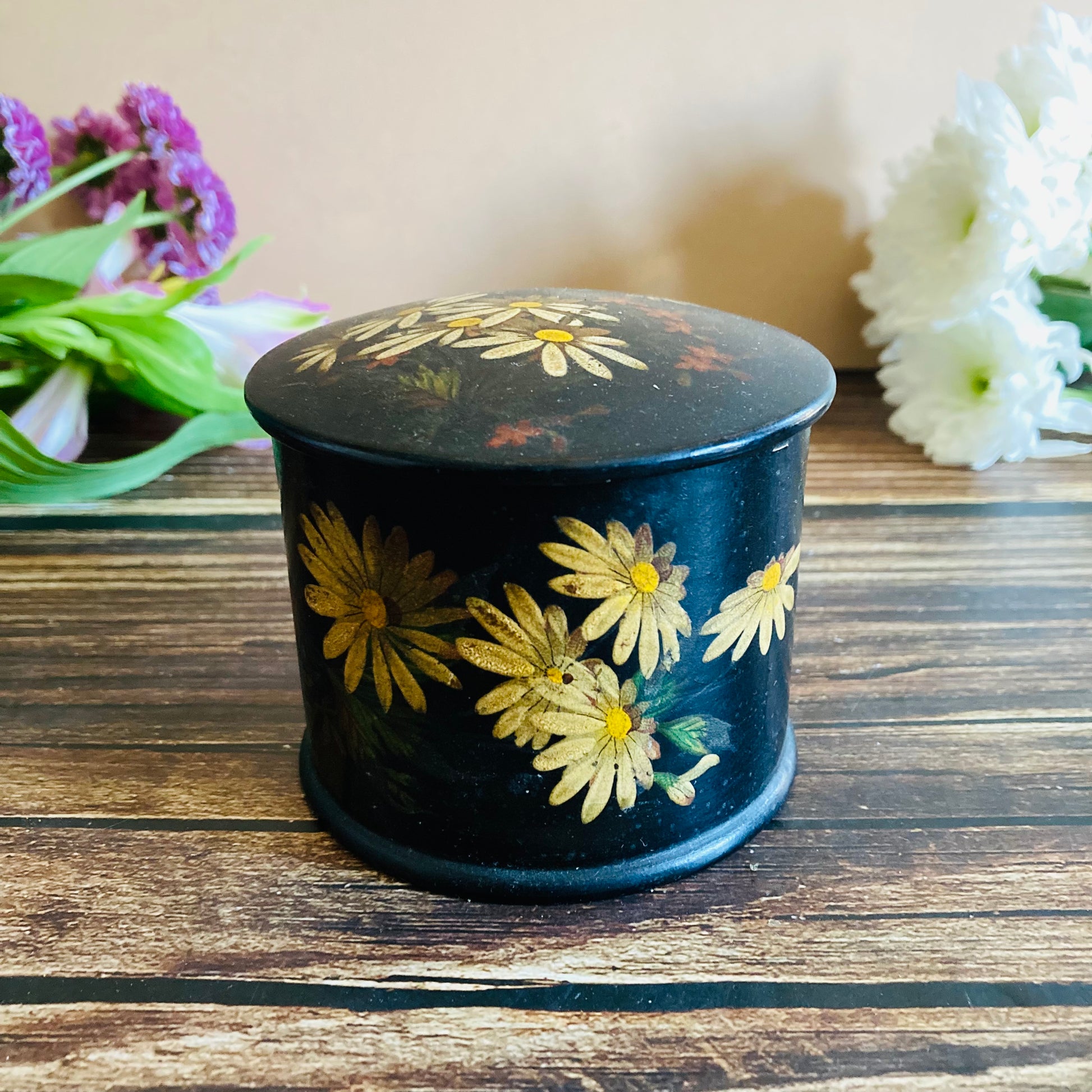 Antique Paper Mache Lacquer Box With Hand Painted Daisy Flowers & Butterfly