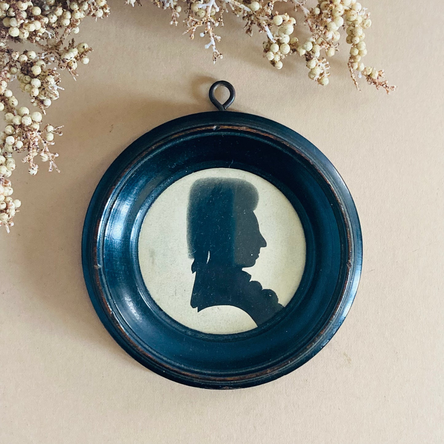 Antique Miniature Silhouette Portrait Lady Original Ebonised Round Frame