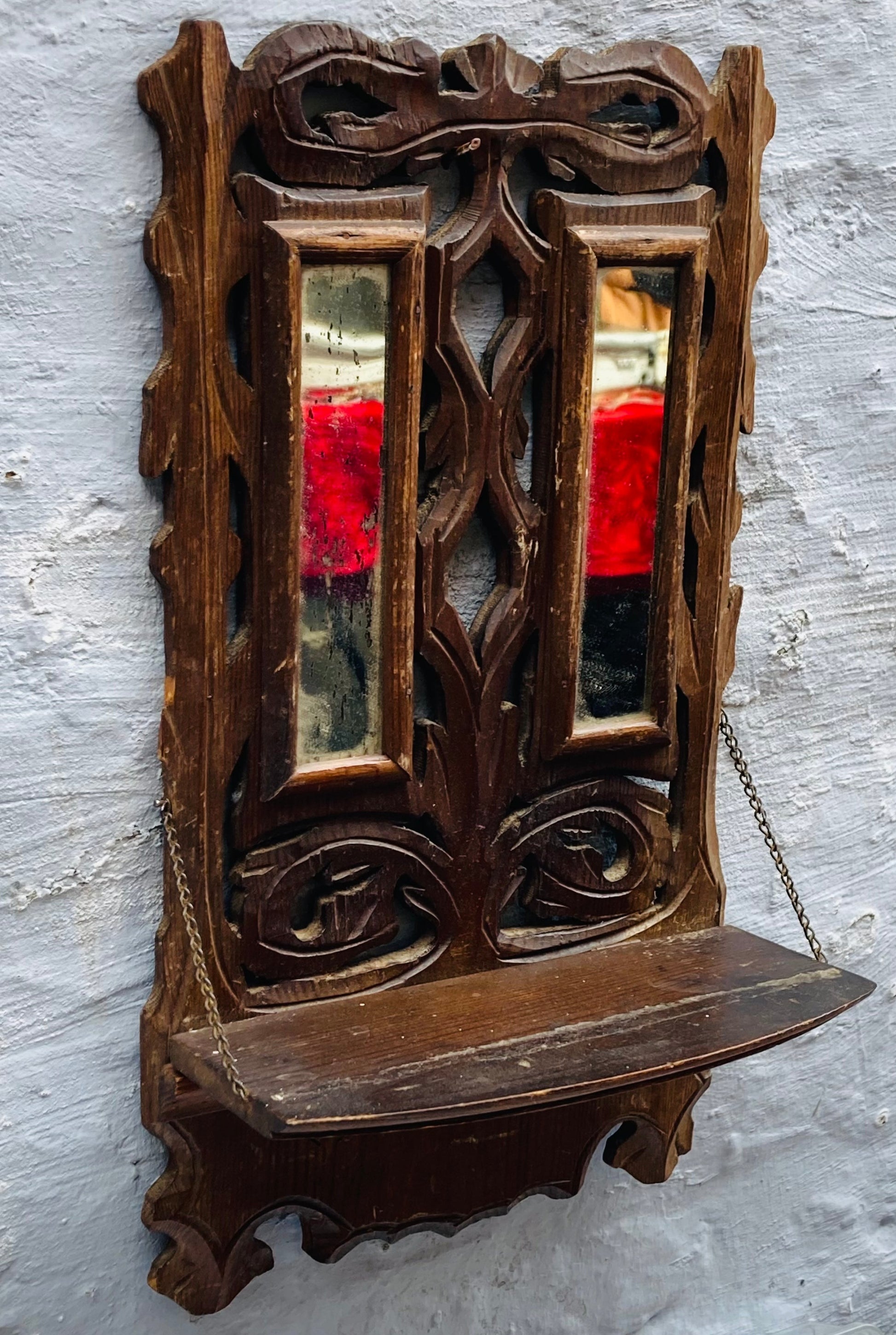 Antique Hand Carved Mirror Display Shelf | Folk Art