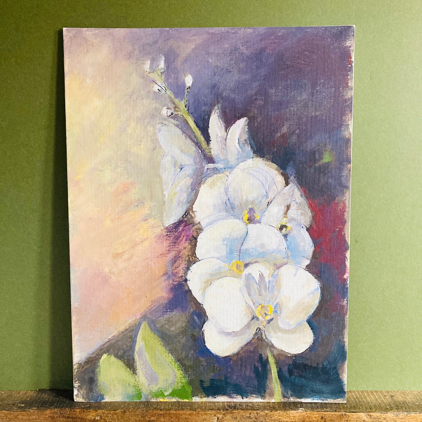 Vintage White Orchid Flower Oil Painting on Board
