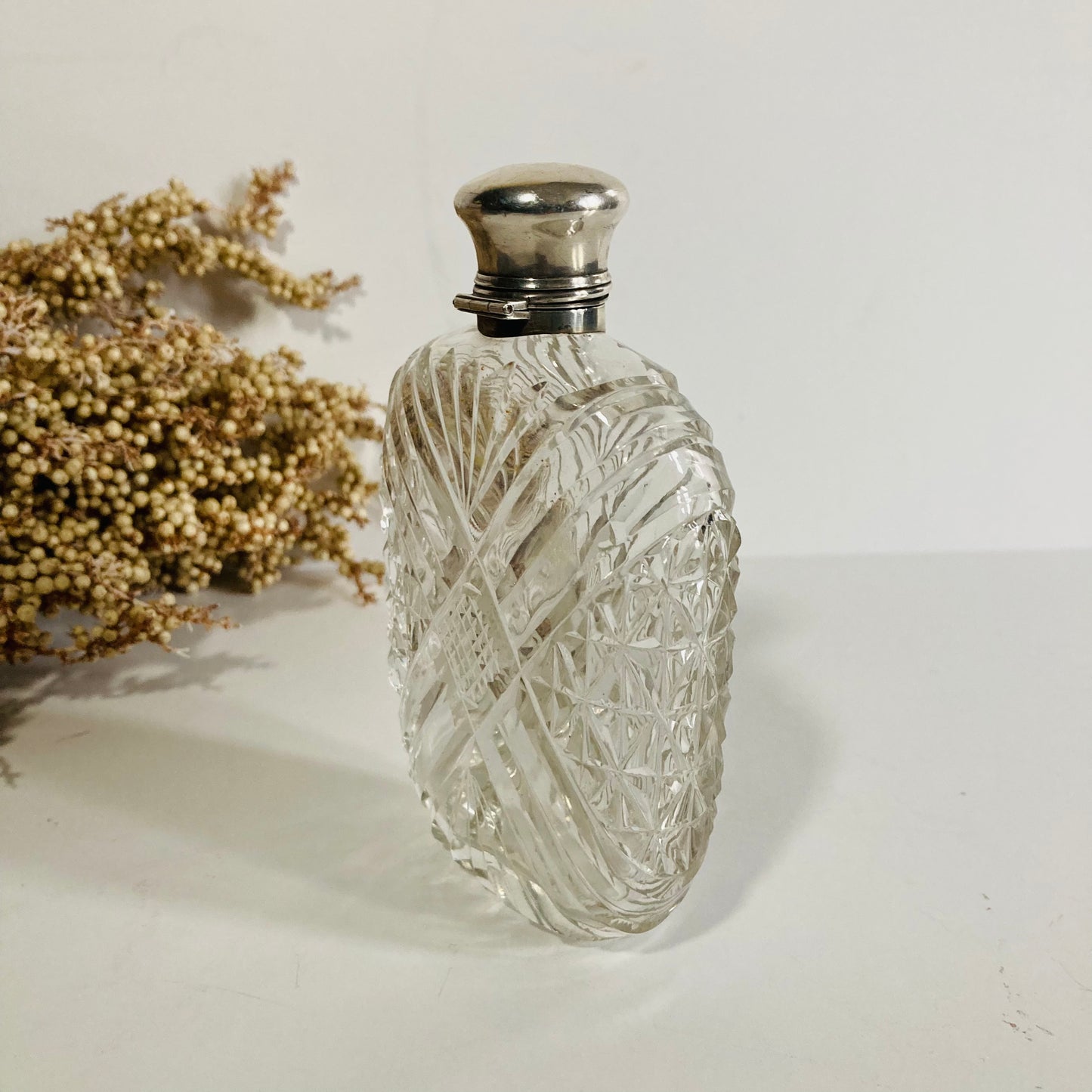 Antique Cut Glass Hip Flask With Silver Lid Birmingham 1891