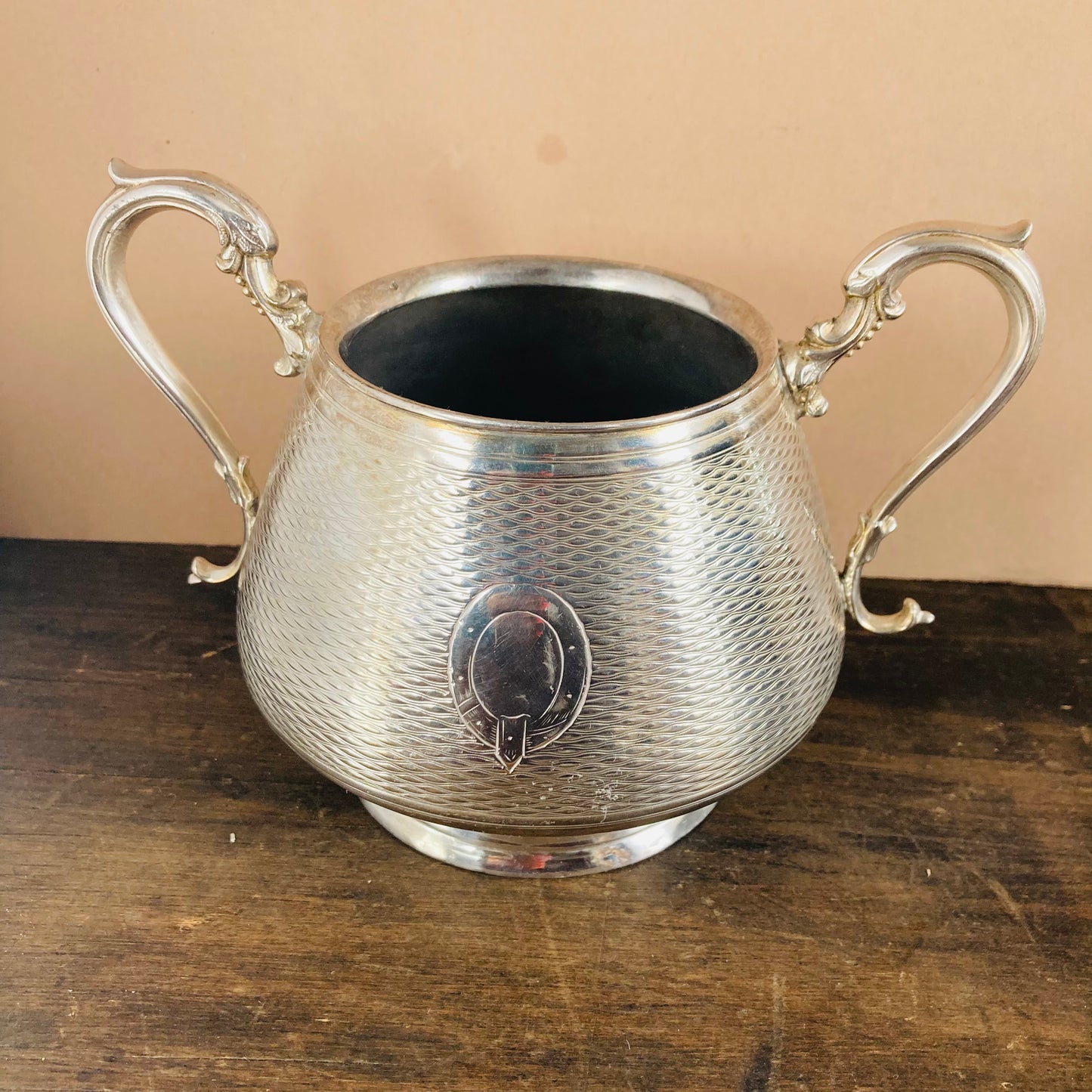 Antique Silver Plate Large Engraved Sugar Bowl