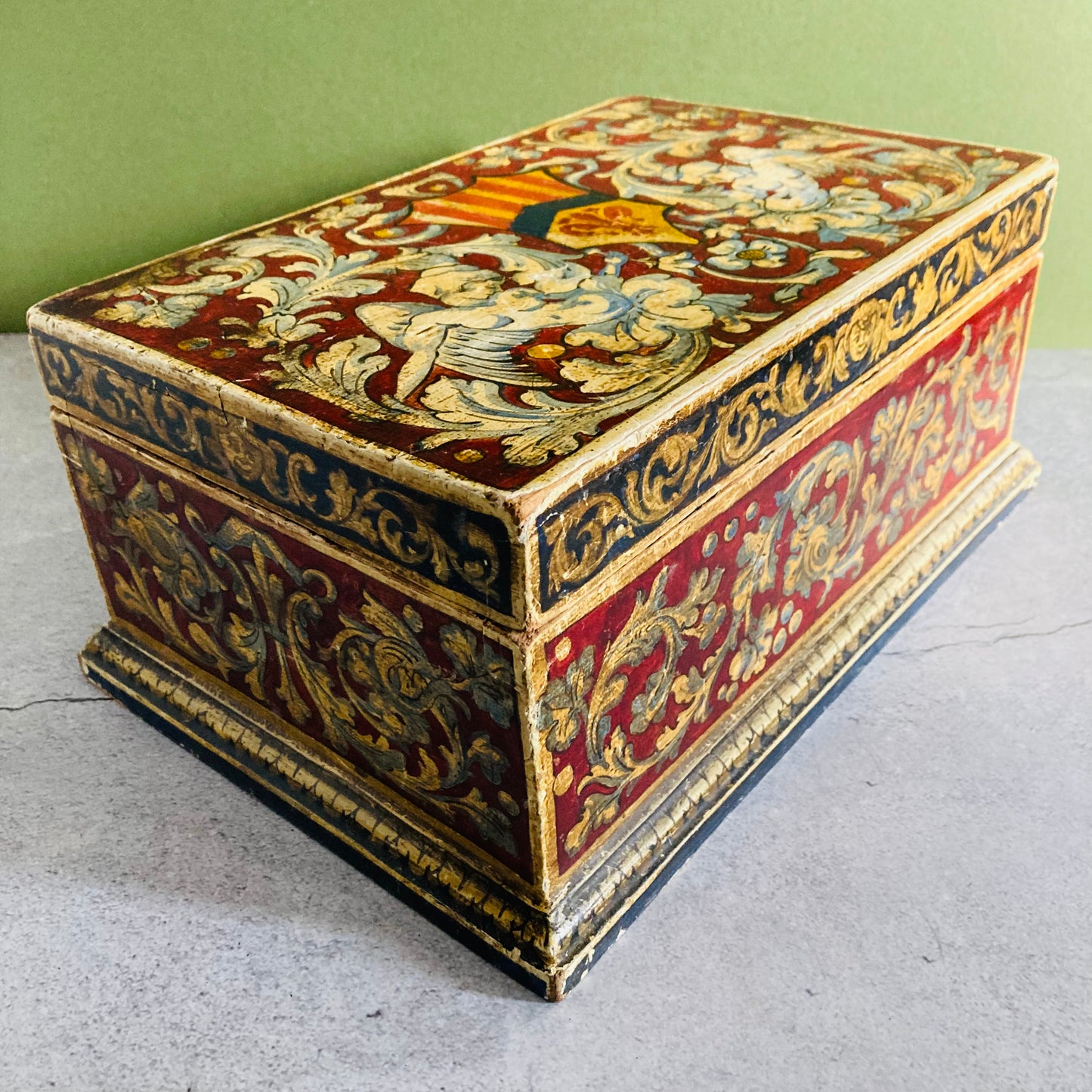 Antique Hand Painted French Wooden Casket Box