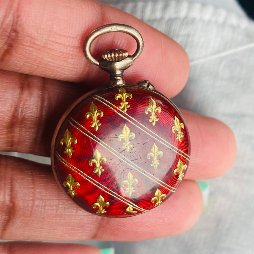French Antique Silver Gilt and Red Guilloche Enamel Fob Watch