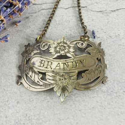 Antique Silver Decanter Brandy Bottle Label