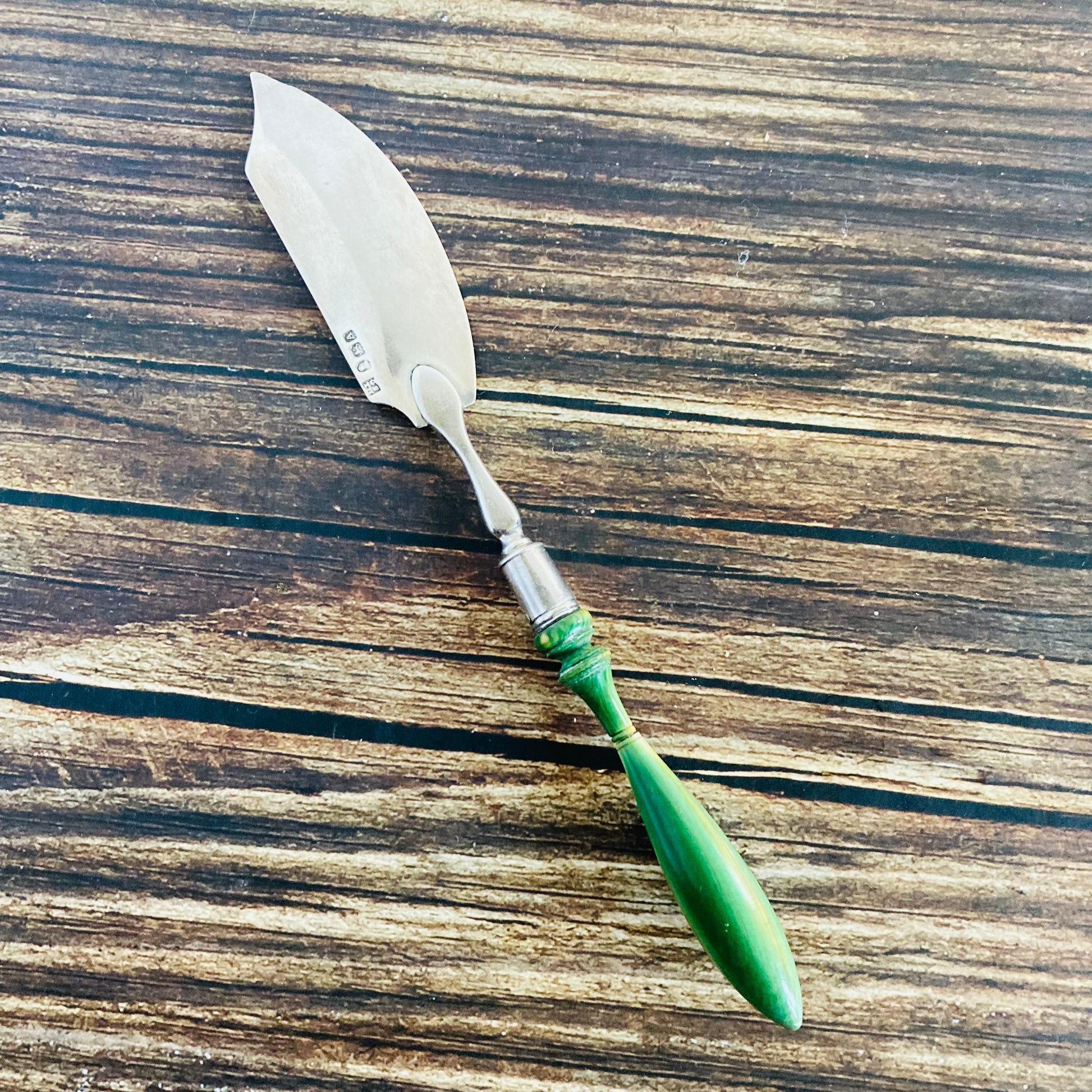 Antique Silver Butter Knife With Engraved Blades and Green Wooden Handle