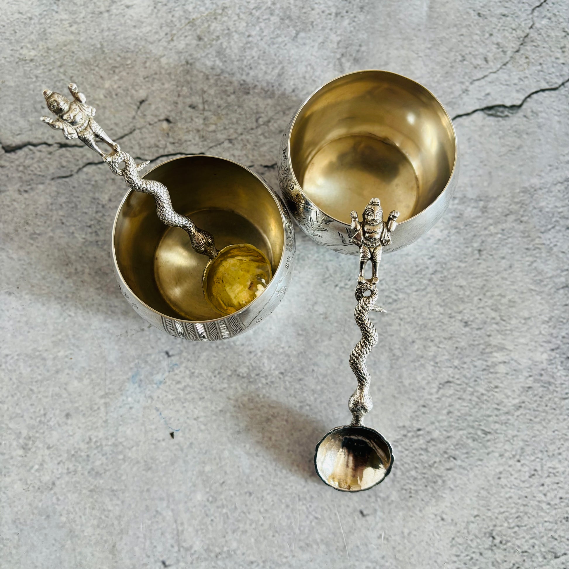 Antique Sterling Silver Salt Spoons In Serpent Snake and Shell