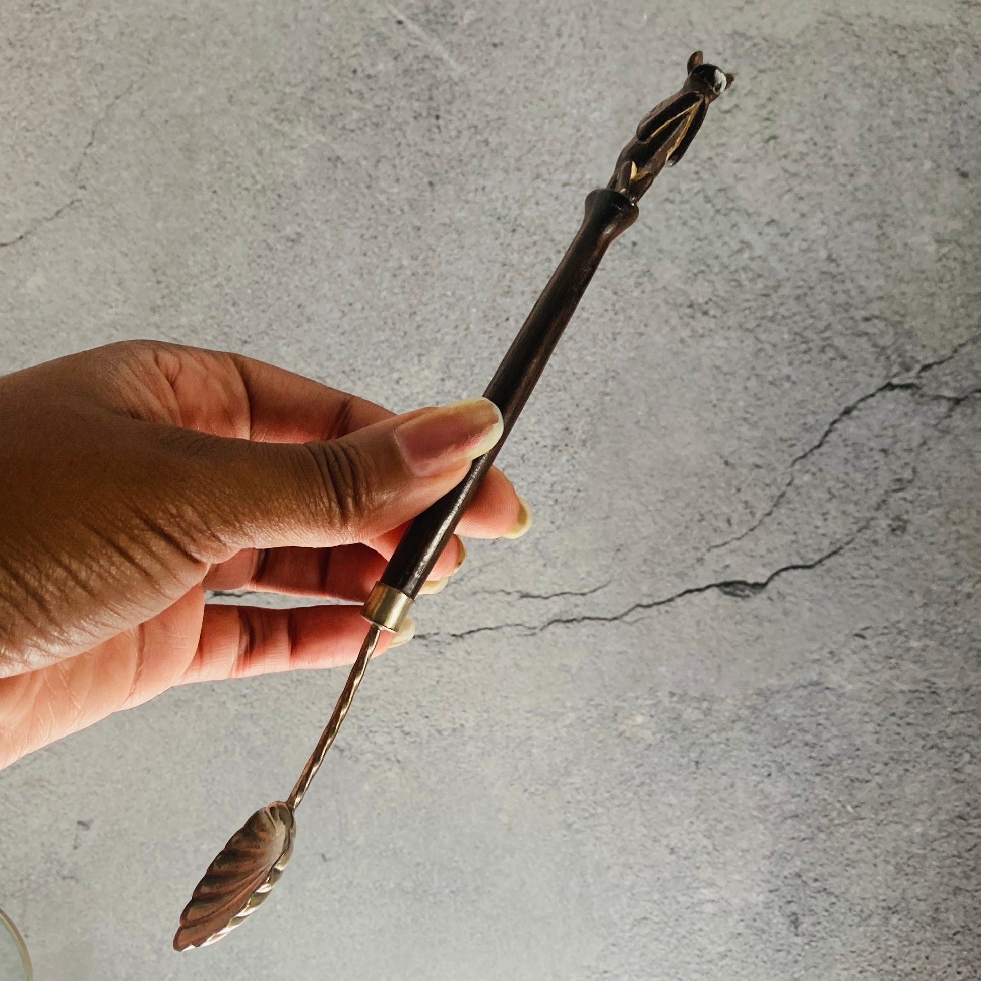 Antique Monkey Carved Wooden And Silver Plated Spoon