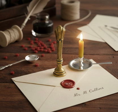 Sealed letter with wax seal and candle on a wooden surface