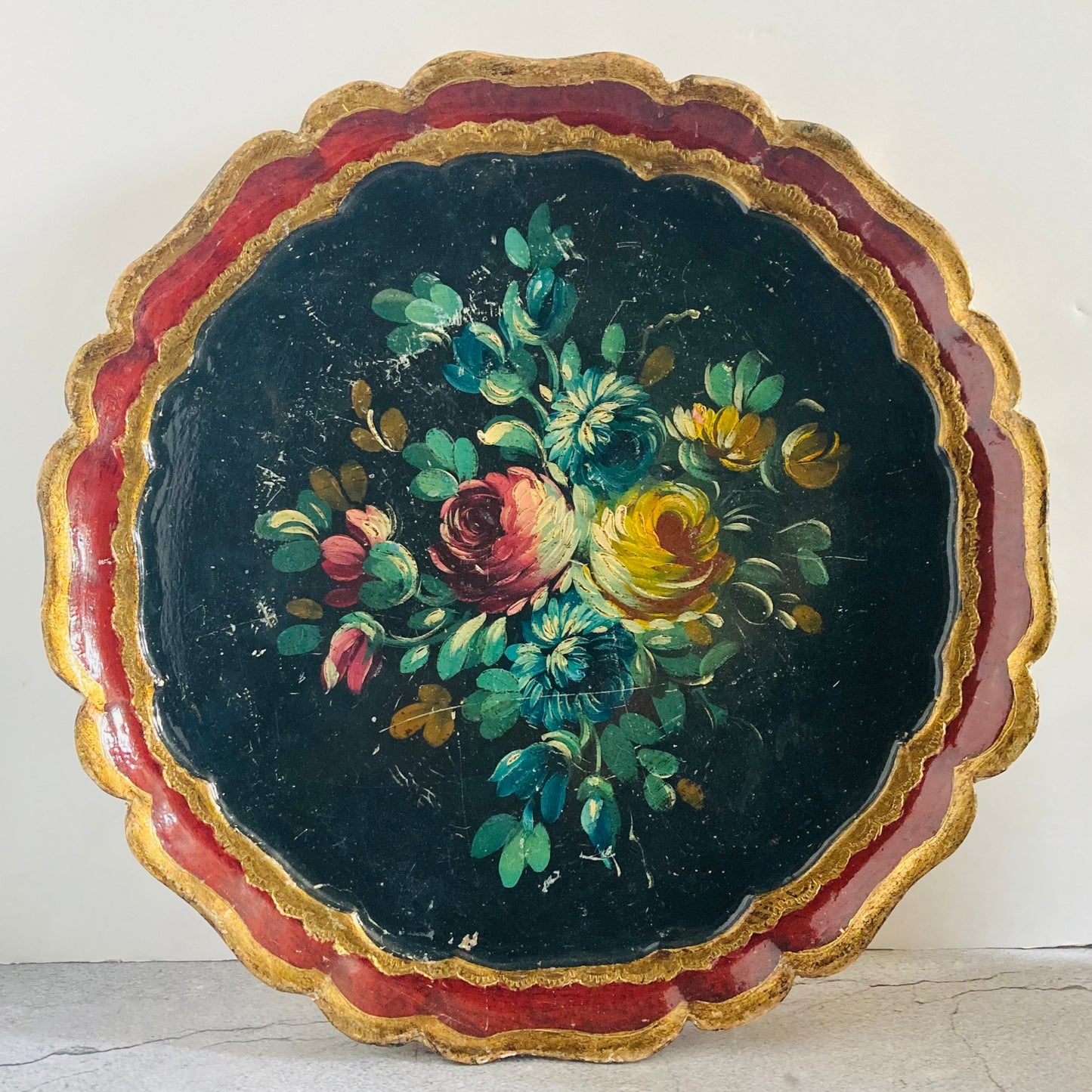 Vintage Florentine Paper Mache Tray | Black Floral Decorative Italian Tray