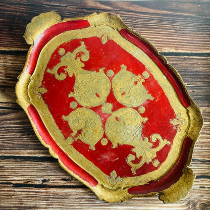 Vintage Florentine Paper Mache Tray | Red & Gold Decorative Italian Tray